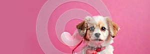 Cute and lovely little puppy portrait on pink background, small dog with heart balloons for Valentine's day banner