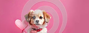 Cute and lovely little puppy portrait on pink background, small dog with heart balloons for Valentine's day banner