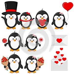 Cute lovely penguin boy and girl couple in love set isolated on white background Valentine s Day vector illustration.