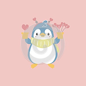 cute and lovely penguin holding heart shape plant, happy valentines day, birthday, love concept