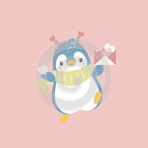 cute and lovely penguin holding love letter and heart, happy valentines day love concept