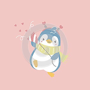 cute and lovely penguin with party popper, firecracker and confetti, happy valentine\'s day, love concept
