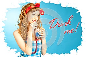 Cute Lovely redhead pin-up girl drinks a drink