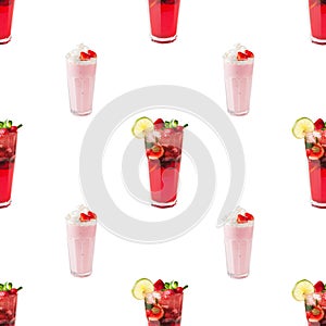 Cute lovely seamless pattern background illustration with strawberry smoothies