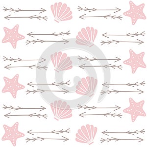 Cute lovely seamless vector pattern background illustration with arrows, seashells and starfish