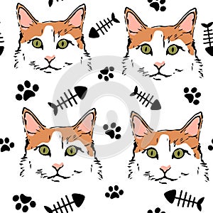 Cute lovely seamless vector pattern background illustration with cats, paw prints and fish bones
