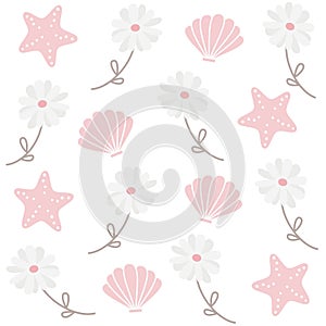 Cute lovely seamless vector pattern background illustration with daisy flowers, seashells and starfish