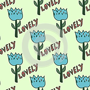 Cute Lovely Text With Fun Flowers Vector Seamless Repeat Pattern In Cartoon Style in Blue And Cream