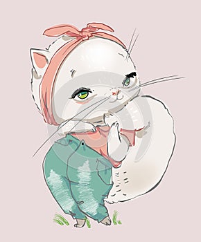 cute lovely white lady cat - vector clip art