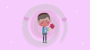 cute lover boy with roses bouquet and hearts