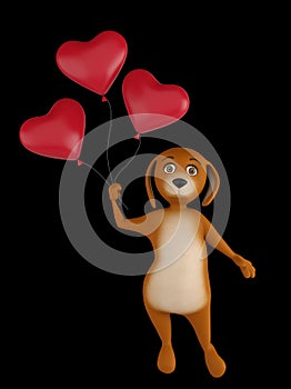 A cute lover valentine cartoon dog with a red heart baloons isolated on black background. 3d render