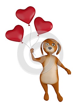 A cute lover valentine cartoon dog with a red heart baloons isolated on white background. 3d render