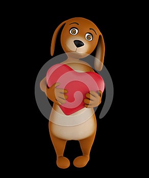 A cute lover valentine cartoon dog with a red heart isolated on black background. 3d render