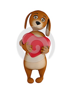 A cute lover valentine cartoon dog with a red heart isolated on white background. 3d render