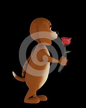 Cute lover valentine dog with rose isolated on black background. 3d render