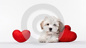 a cute lover Valentine Havanese puppy dog lying with a red heart, isolated on a white background, embodying a minimalist