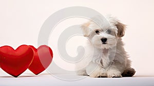 a cute lover Valentine Havanese puppy dog lying with a red heart, isolated on a white background, embodying a minimalist