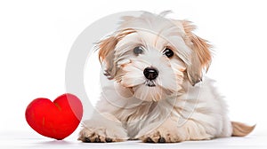 a cute lover Valentine Havanese puppy dog lying with a red heart, isolated on a white background, embodying a minimalist