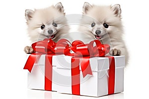 A cute lover valentine puppy dog couple with a gift box on white background