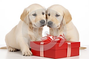 A cute lover valentine puppy dog couple with a gift box on white background