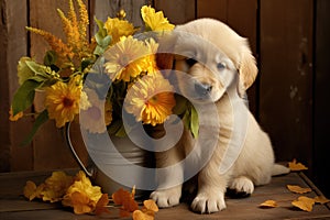 A cute lover valentine puppy dog with flowers love card concept