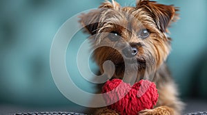 Cute lover Valentine puppy dog lying with a red heart, isolated on blue background