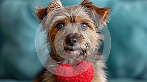 Cute lover Valentine puppy dog lying with a red heart, isolated on blue background