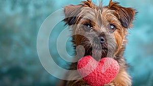 Cute lover Valentine puppy dog lying with a red heart, isolated on blue background