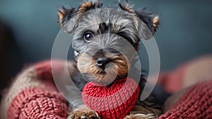 Cute lover Valentine puppy dog lying with a red heart, isolated on blue background