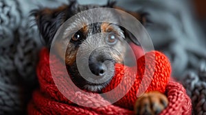 Cute lover Valentine puppy dog lying with a red heart, isolated on blue background