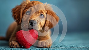Cute lover Valentine puppy dog lying with a red heart, isolated on blue background