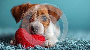 Cute lover Valentine puppy dog lying with a red heart, isolated on blue background