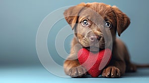 Cute lover Valentine puppy dog lying with a red heart, isolated on blue background