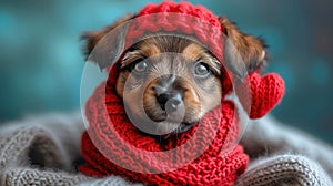 Cute lover Valentine puppy dog lying with a red heart, isolated on blue background