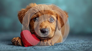 Cute lover Valentine puppy dog lying with a red heart, isolated on blue background