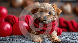 Cute lover Valentine puppy dog lying with a red heart, isolated on blue background