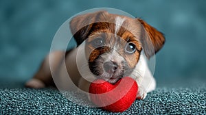 Cute lover Valentine puppy dog lying with a red heart, isolated on blue background