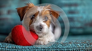 Cute lover Valentine puppy dog lying with a red heart, isolated on blue background