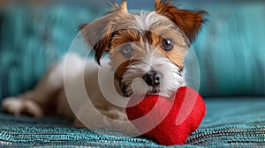 Cute lover Valentine puppy dog lying with a red heart, isolated on blue background