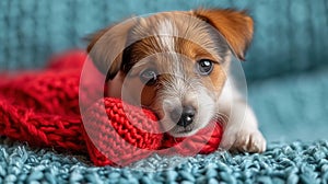 Cute lover Valentine puppy dog lying with a red heart, isolated on blue background