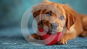 Cute lover Valentine puppy dog lying with a red heart, isolated on blue background