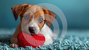 Cute lover Valentine puppy dog lying with a red heart, isolated on blue background