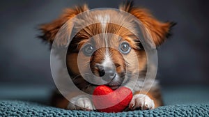 Cute lover Valentine puppy dog lying with a red heart, isolated on blue background