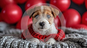 Cute lover Valentine puppy dog lying with a red heart, isolated on blue background