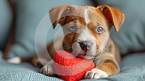 Cute lover Valentine puppy dog lying with a red heart, isolated on blue background