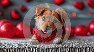 Cute lover Valentine puppy dog lying with a red heart, isolated on blue background