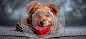 Cute lover Valentine puppy dog lying with a red heart, isolated on grey background