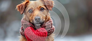 Cute lover Valentine puppy dog lying with a red heart, isolated on grey background