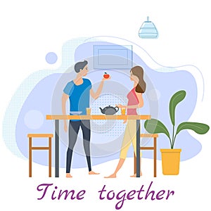 Cute loving couple at table, drinking tea or coffee and eating together at home. Daily life of cute happy couple. Male
