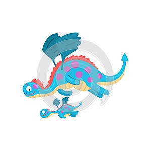 Cute loving mother dragon and her baby, family of mythical animals cartoon characters vector Illustration on a white